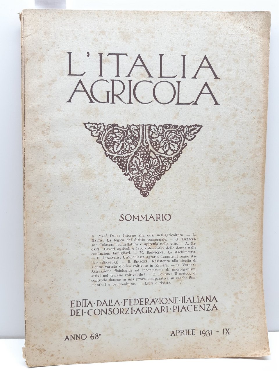 L'Italia agricola Aprile 1931 Federazione italiana consorzi agrari Piacenza