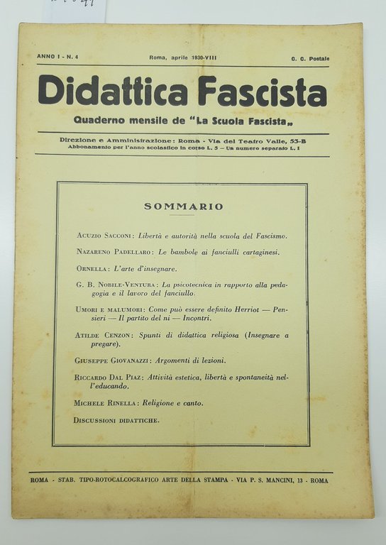 Didattica fascista quaderno mensile della scuola fascista numero 4 1930