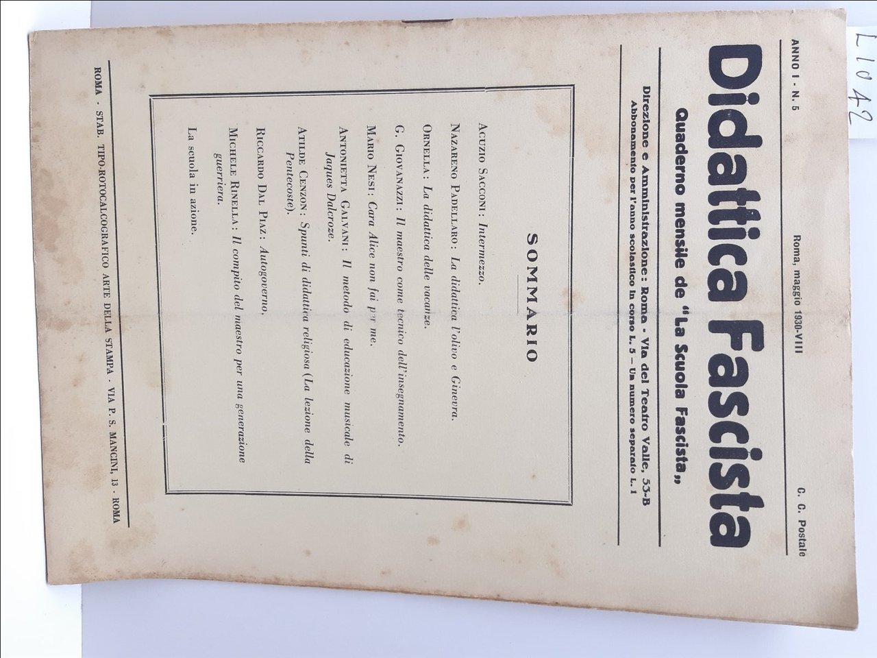 Didattica fascista quaderno mensile della scuola fascista numero 5 1930