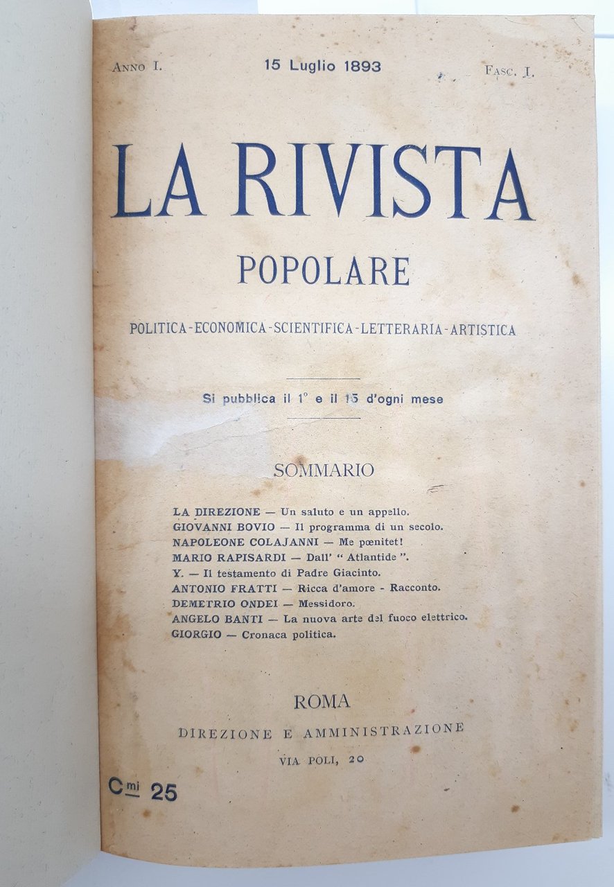Mazzini Raccolta La rivista Popolare politica economia scientifica letteraria artistica …