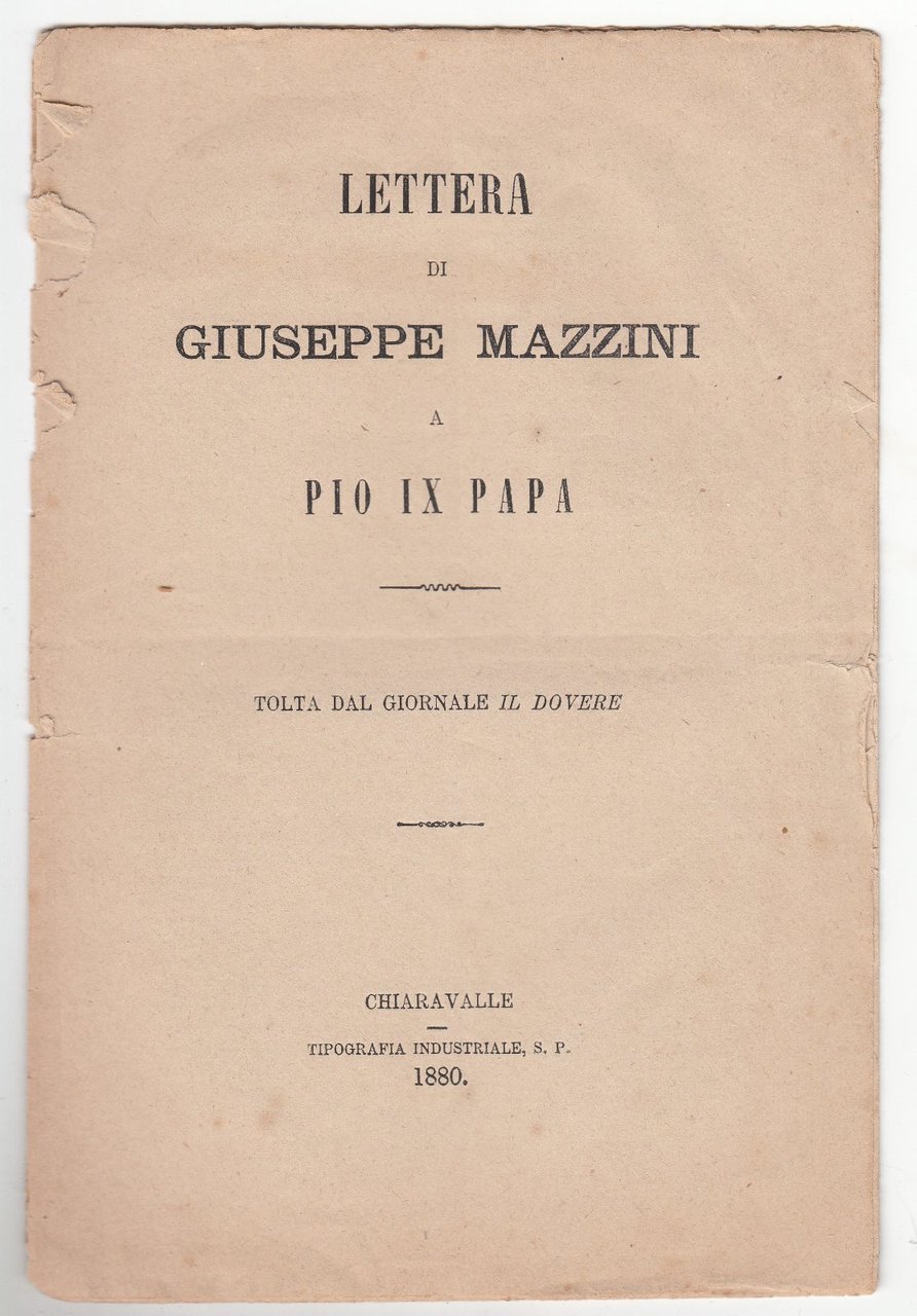 Lettera di Giuseppe Mazzini a Pio IX Papa tolta dal …