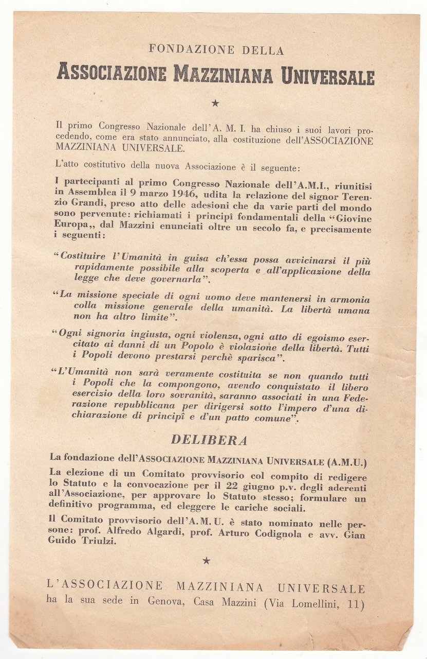 Volantino fondazione Dell'associazione Mazziniana Universale 1946