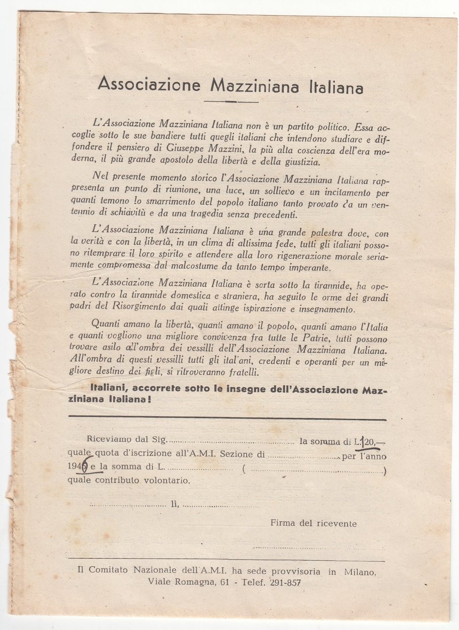 Domanda d'iscrizione all' Associazione Mazziniana Italiana 1946