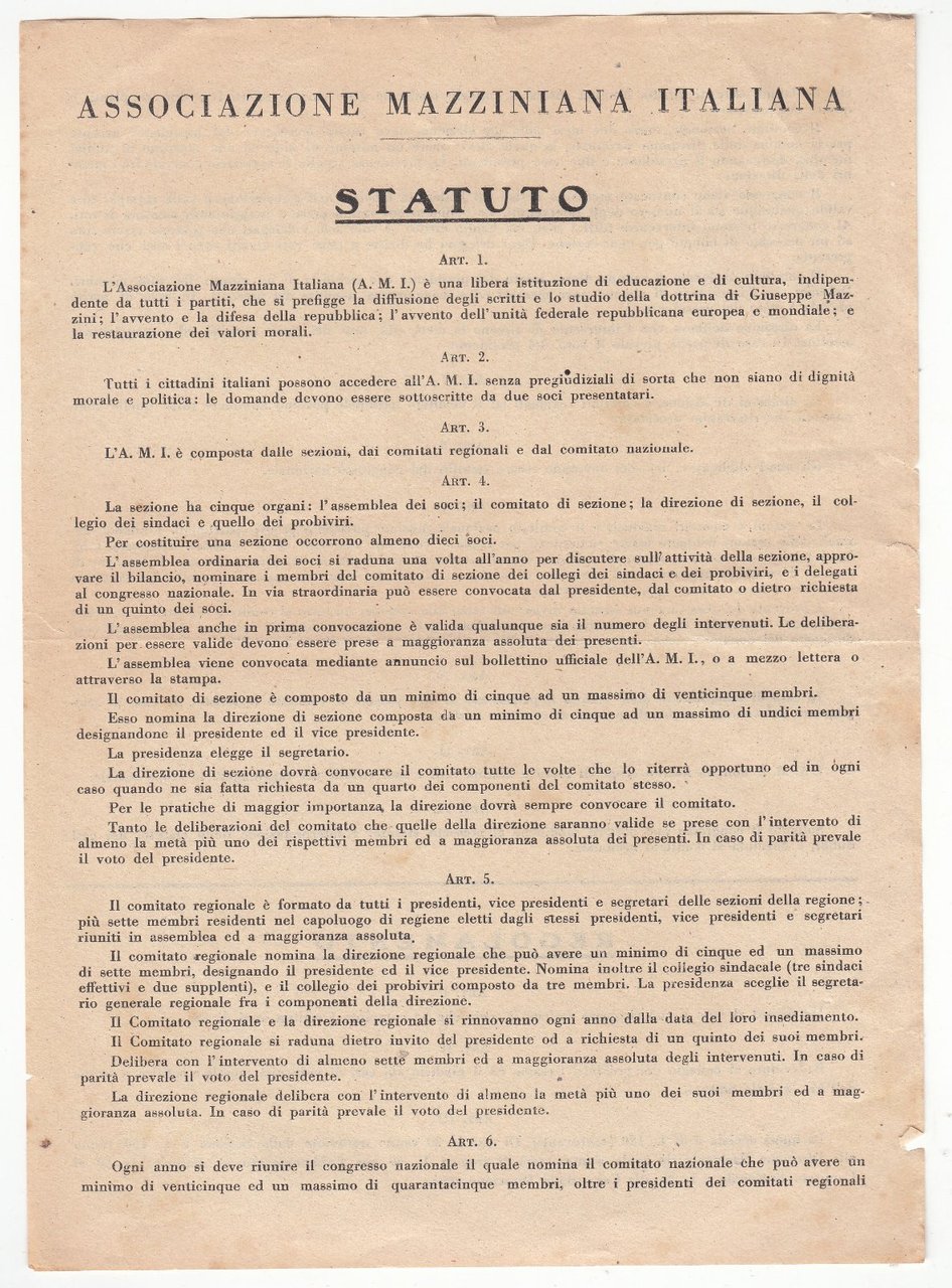 Volantino Dell'associazione Mazziniana Italiana Statuto senza data