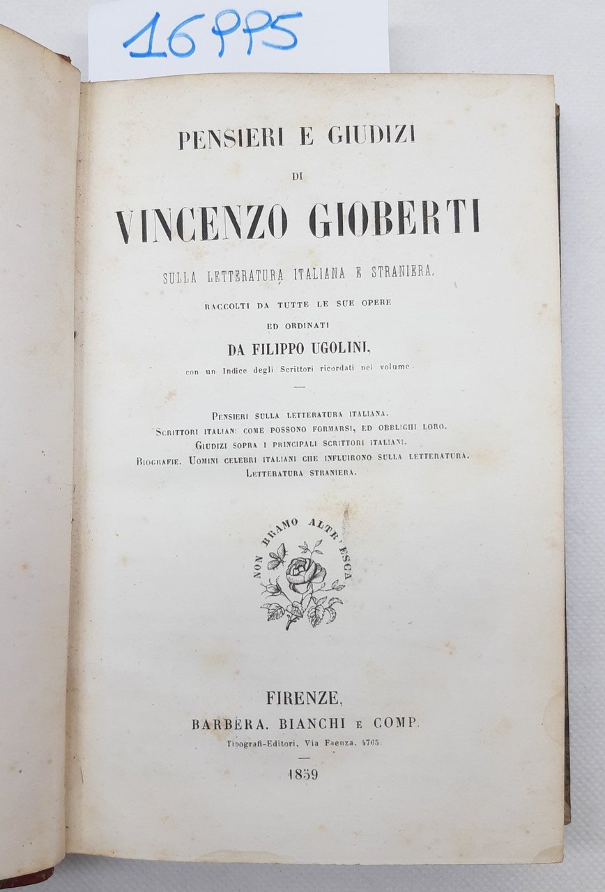 Filippo Ugolini Pensieri e giudizi di Vincenzo Gioberti Firenze Barbera …