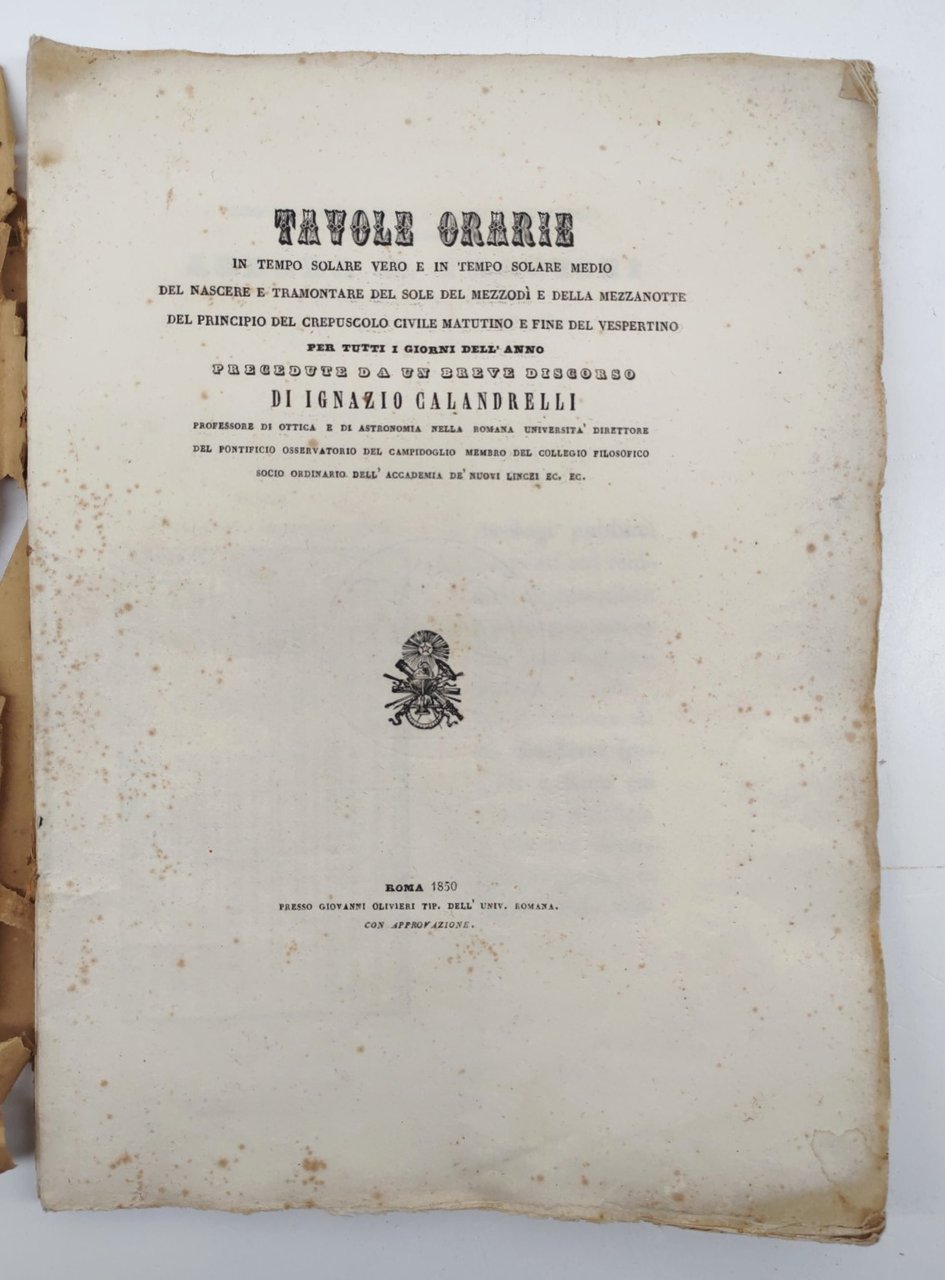 Ignazio Calandrelli Tavole orarie in tempo solare Roma 1850