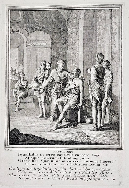 Incisione print Le opere di misericordia Nuovo testamento inc. C. …