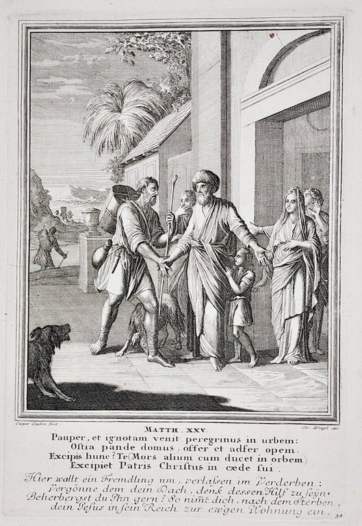Incisione print Le opere di misericordia ero straniero e mi …