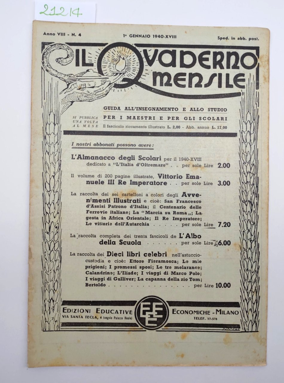 Il quaderno mensile n. 4-1940 guida all'insegnamento e allo studio …