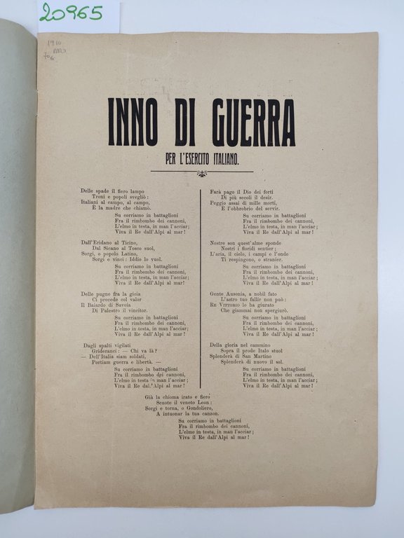 Inno alla guerra per l'esercito italiano Salani poesia di Angelo …