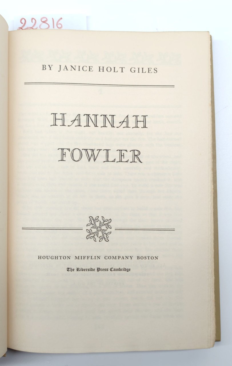 Janice Holt Giles Hannah Fowler Mifflin Company 1956
