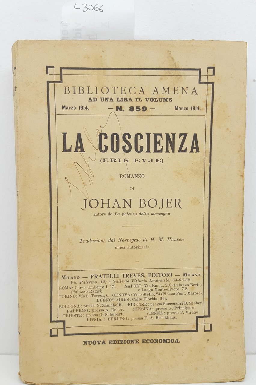 Johan Bojer La coscienza (Erik Evje) Treves 1914 Abela Carboneria