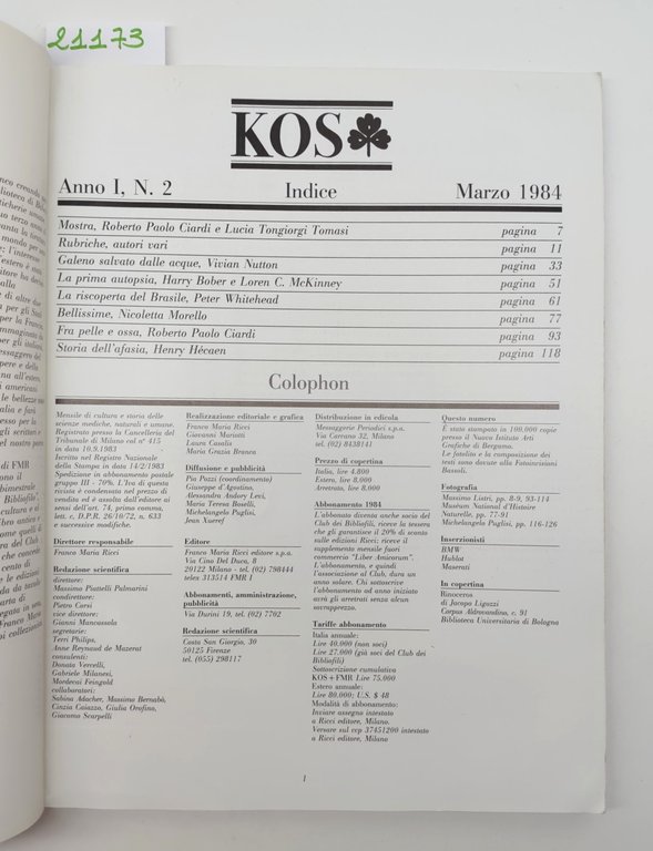 Kos numero 2 marzo 1984 Franco Maria Ricci
