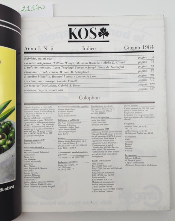 Kos numero 5 giugno 1984 Franco Maria Ricci