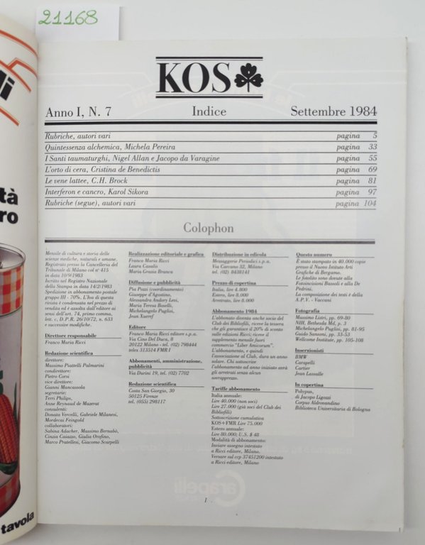 Kos numero 7 settembre 1984 Franco Maria Ricci