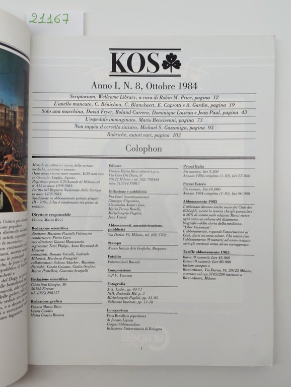 Kos ottobre 1984 numero 8 Franco Maria Ricci