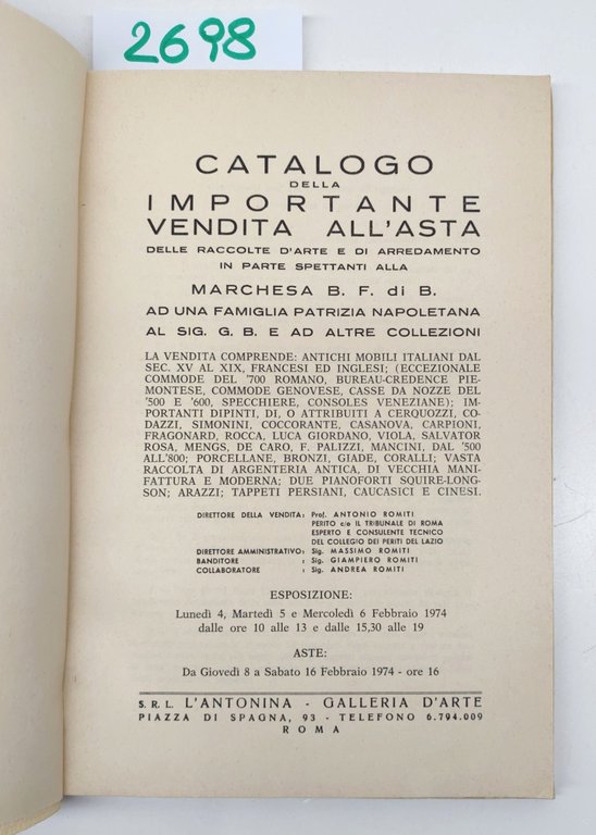 L'Antonina srl galleria d'arte Casa di vendite all’asta Roma 1974