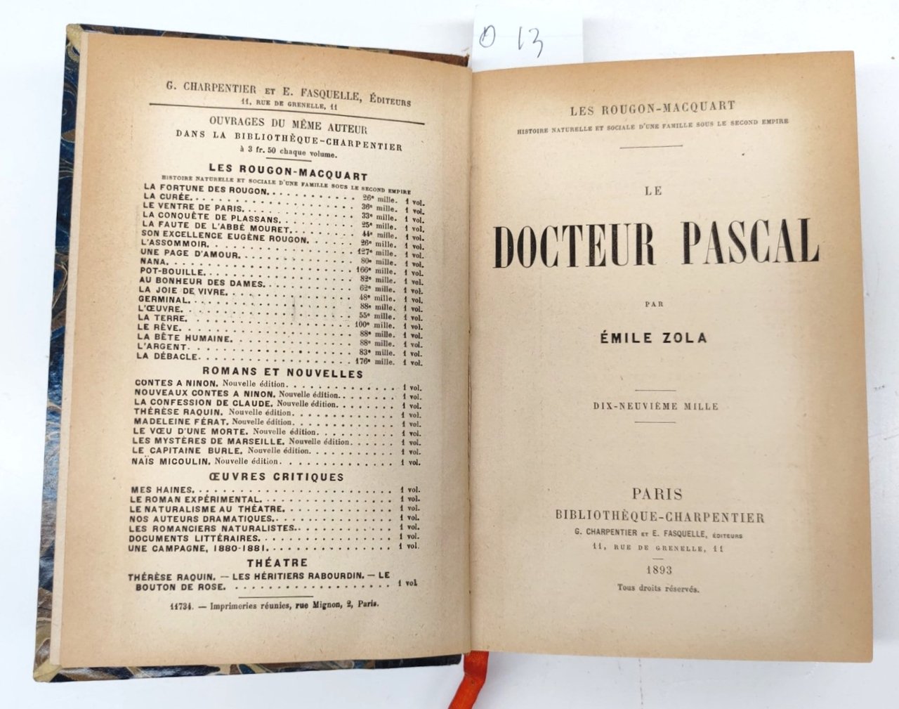 Emile Zola Le Doctor Pascal Bibliotheque Charpentier 1893
