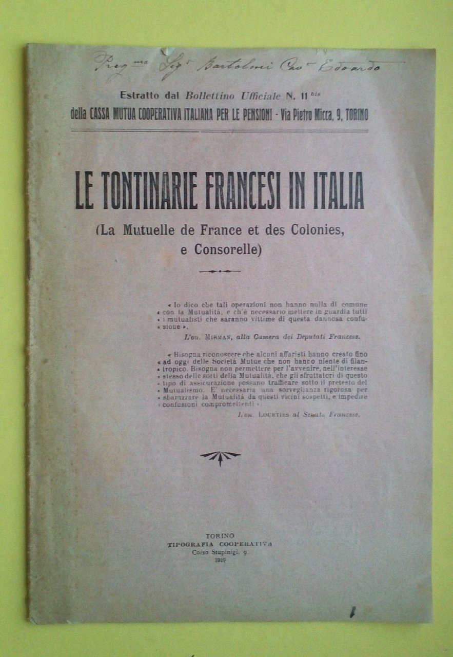 Le Tontinarie Francesi In Italia-Estratto Boll.Ufficiale N. 11 Torino 1910-L2627