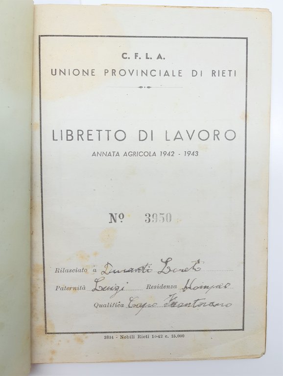 Libretto di lavoro Unione provinciale di Rieti annata agricola 1942-1943