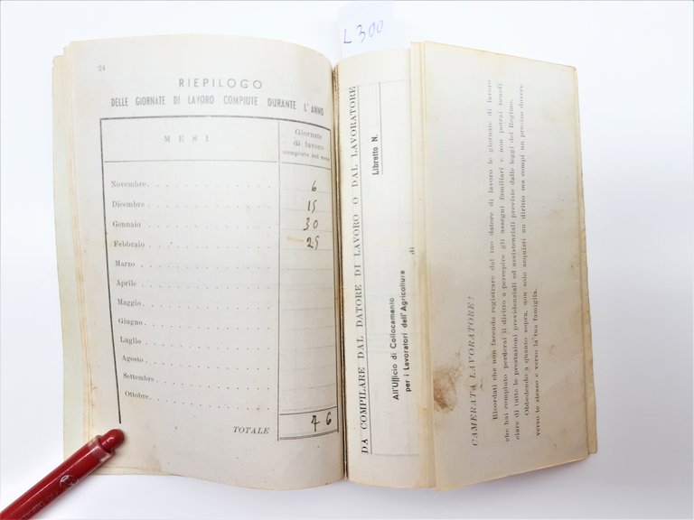 Libretto di lavoro Unione provinciale di Rieti annata agricola 1942-1943