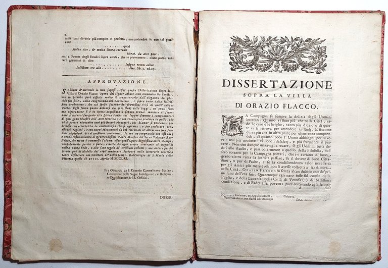 Libro antico settecentina Dissertazione sopra la villa di Orazio Flacco …