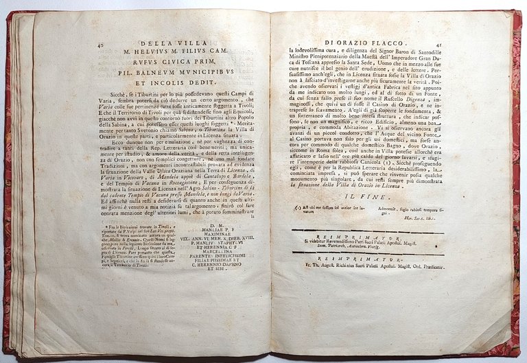 Libro antico settecentina Dissertazione sopra la villa di Orazio Flacco …