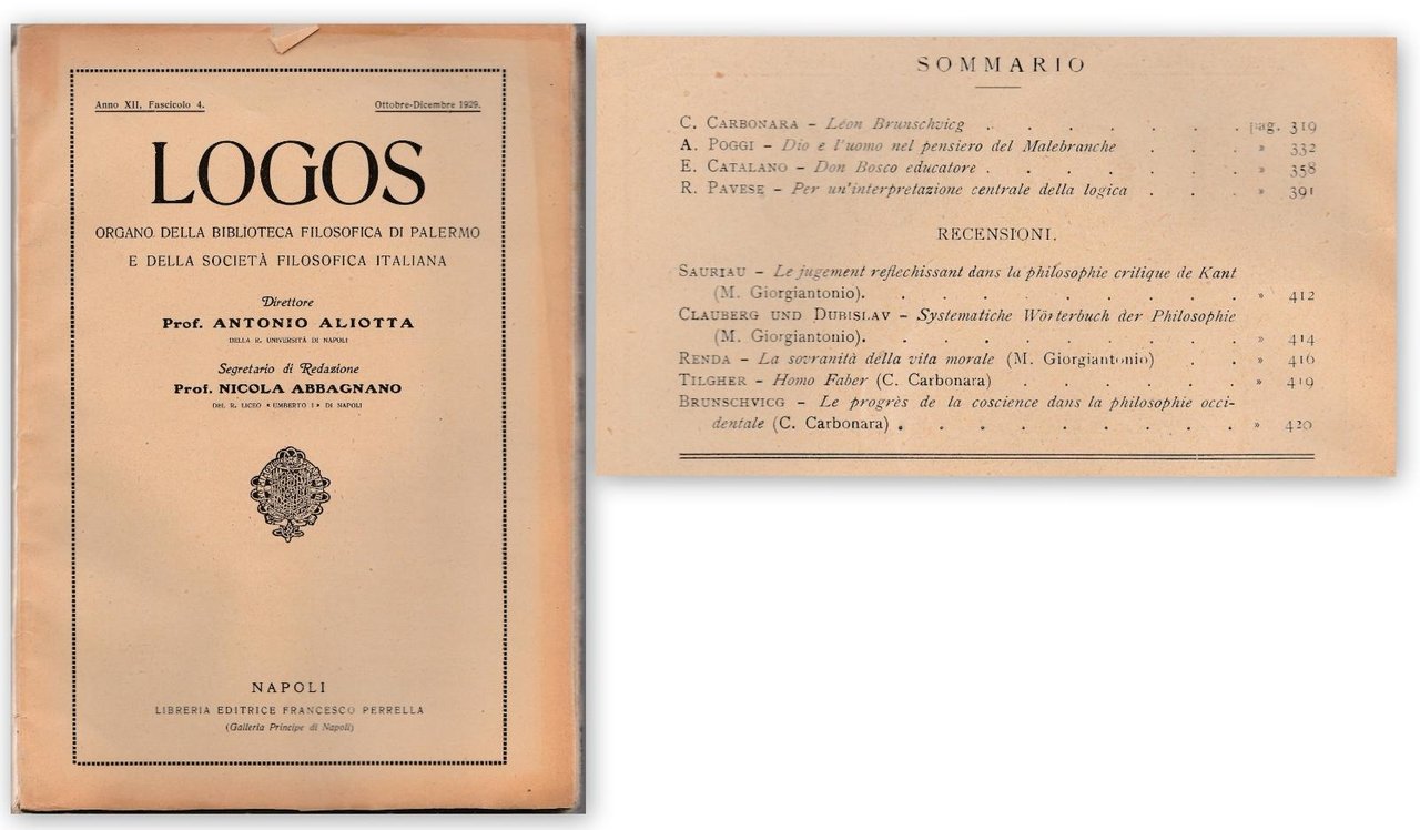 Logos Biblioteca Filosofica Di Palermo 1929 Ottobre-Dicembre Aliotta Abbagnano