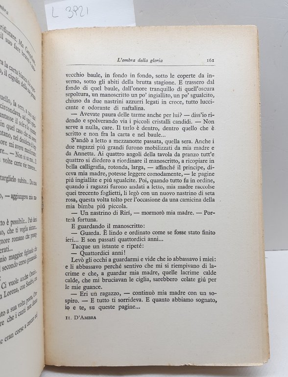 Lucio D'Ambra L'ombra della gloria romanzo Mondadori 3∞ ristampa 1939