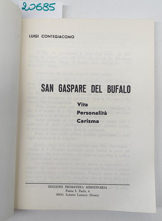 Luigi Contegiacomo San Gaspare Del Bufalo vita personalità carisma Edizioni …