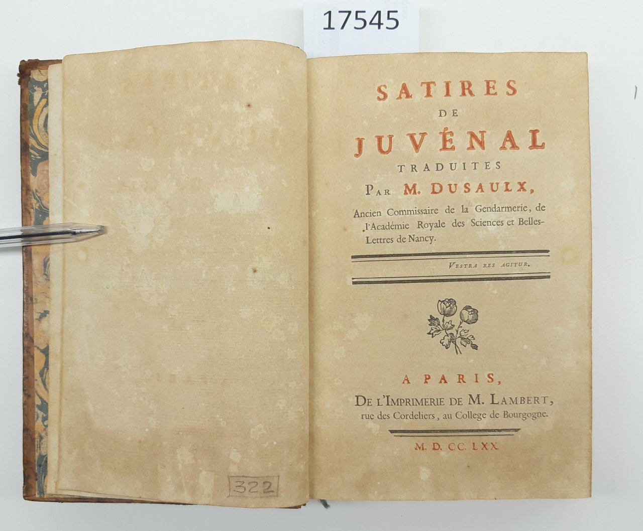 M. Dusaulx Satires De Juvenal Traduites Par Paris 1770