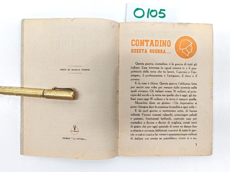 Contadino questa guerra opuscolo di propaganda di Manlio Pompei editrice …