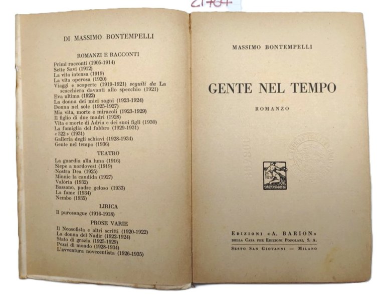 Massimo Bontempelli Gente nel tempo Barion 1937