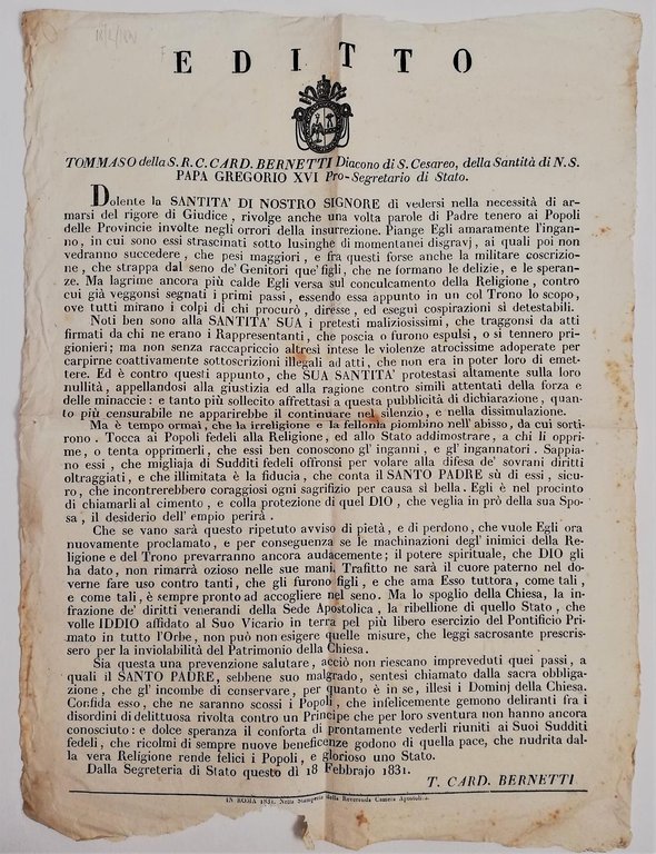 Moti 1831-Gregorio XVI fa appello ai popoli insorti affinché depongono … | Immagine Gallery 1