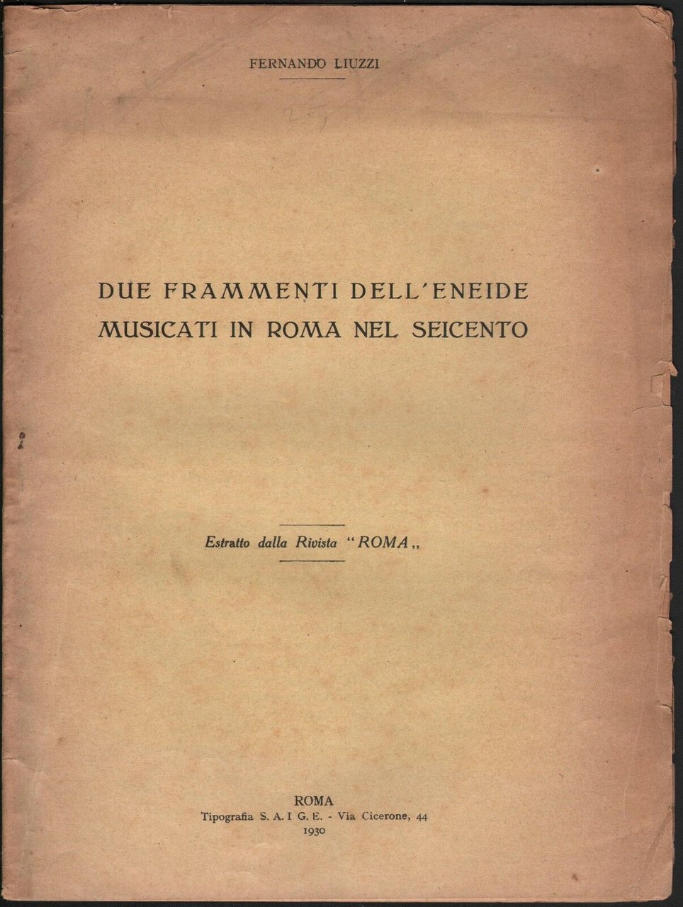 Musica-Due Frammenti Dell'eneide Musicati In Roma Nel Seicento-Roma 1930-L531