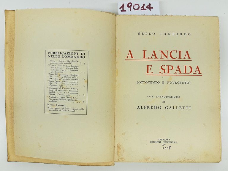 Nello Lombardo A Lancia e spada Ottocento e Novecento Juventas …