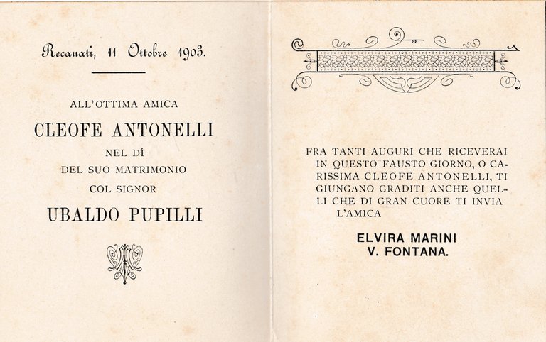 Nozze Cleofe Antonelli E Ubaldo Pupilli Recanati 11 Ottobre 1903