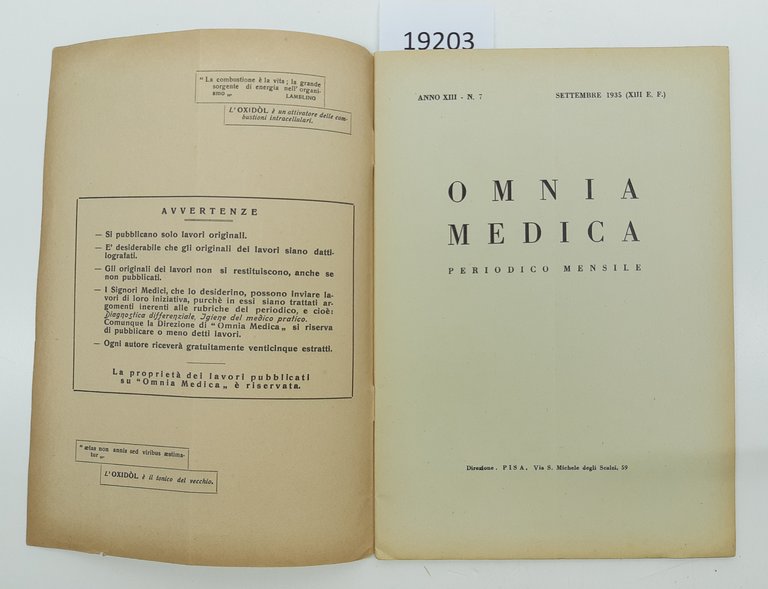 Omnia Medica periodico mensile numero 7 settembre 1935 Baldacci