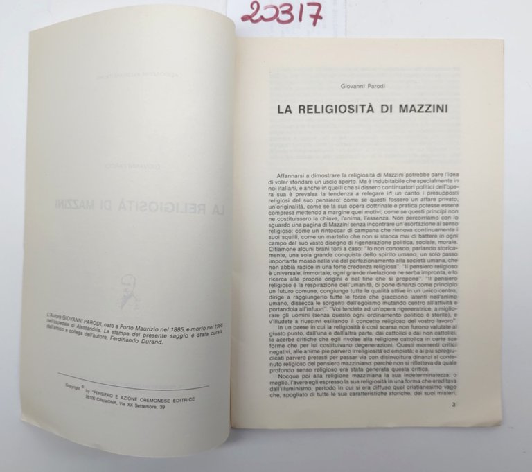 opuscolo Giovanni Parodi La religiosità di Mazzini il pensiero mazziniano …