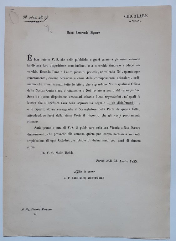 ordine di affidare la corrispondenza al servizio postale