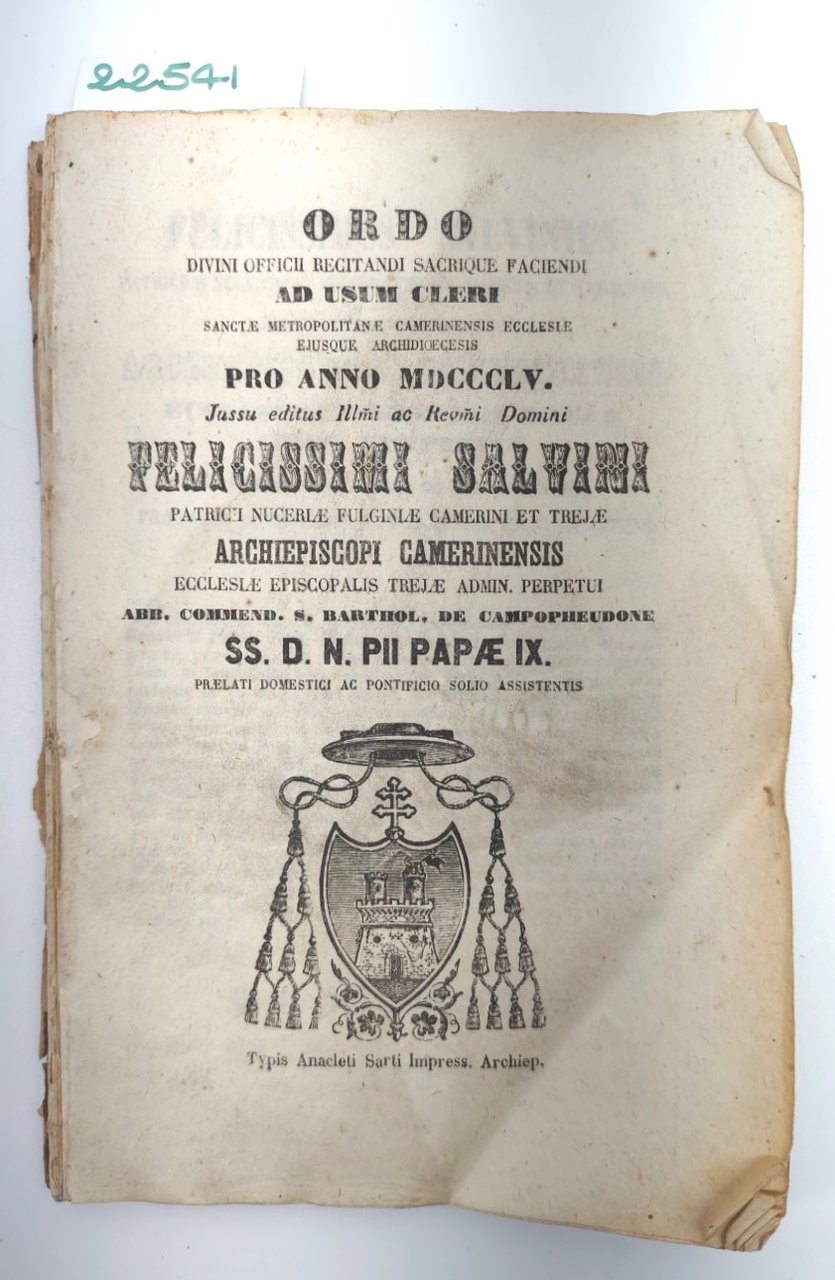ORDO Camerino 1855 Arcivescovo Salvini Directorium Liturgico Storico