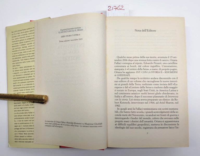 Oriana Fallaci Intervista con il potere Rizzoli 1° edizione 2009