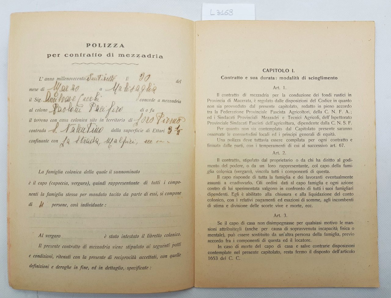 Patto colonico fascista per la provincia di Macerata agricoltori 1926 … | Immagine principale