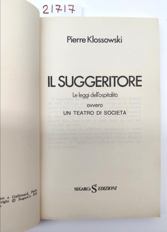 Pierre Klossowski Il suggeritore le leggi dell'ospitalità SugarCo 1983