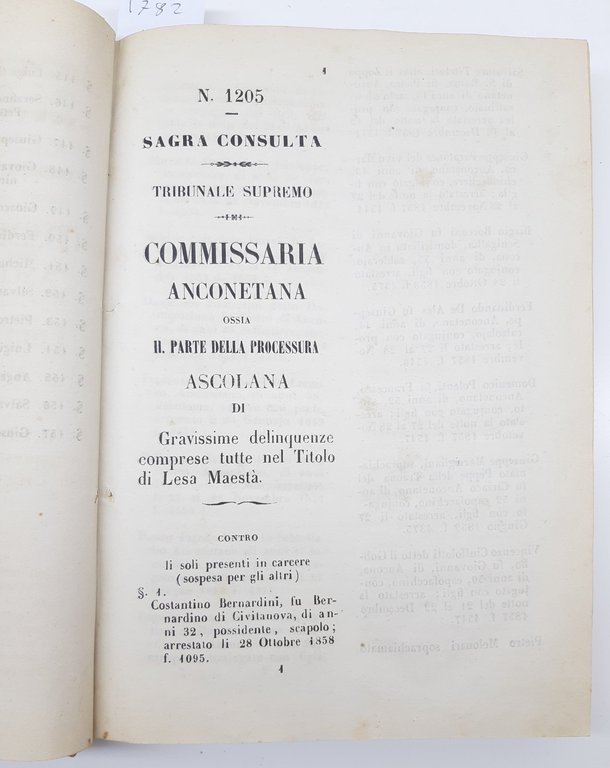 Processi Tribunale Supremo Della Consulta Commissaria Anconetana Roma 1861