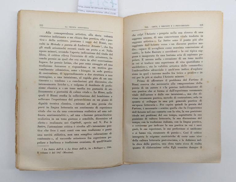 Raffaello Ramat La critica ariostesca Nuova Italia 1∞ ed. 1954