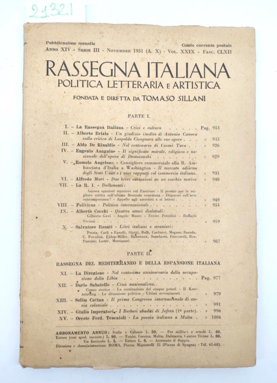 Rassegna italiana politica letteraria ed artistica novembre 1931 Tomaso Sillani