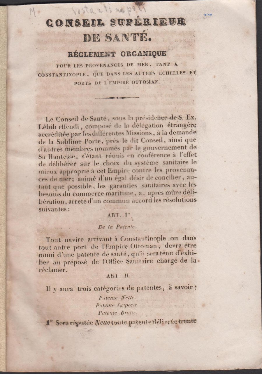 Regolamentazione organica per le provenienze del mare sia a Costantinople …