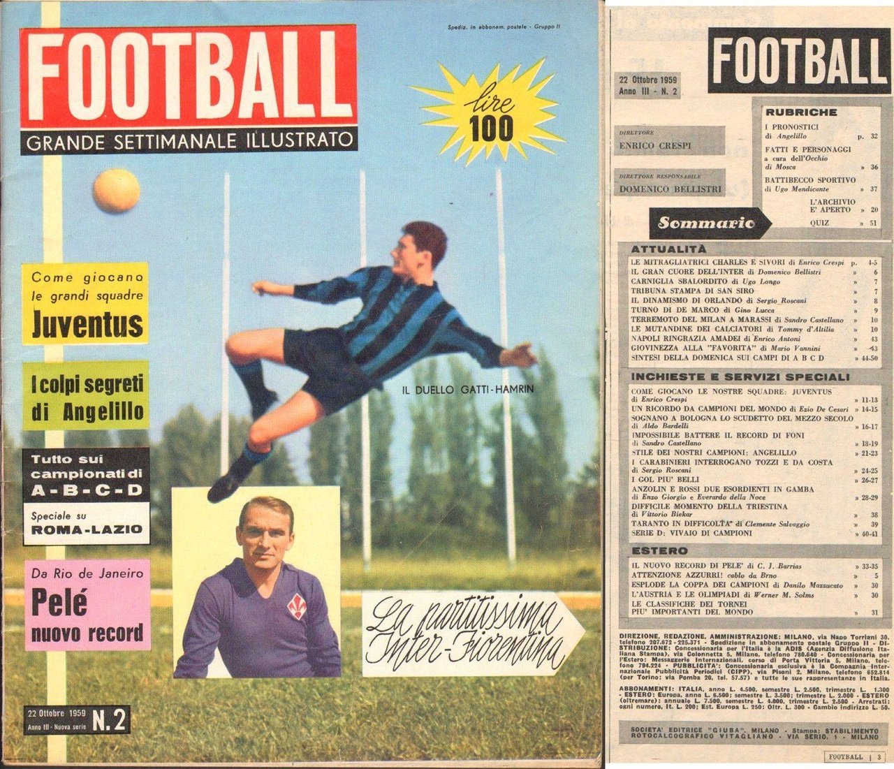Rivista-Calcio-Football-Settimanale Illustrato-22 Ottobre 1959-Juventus-PelË