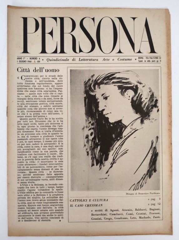 Rivista d'epoca "PERSONA" Anno I, n. 6 1960 quindicinale di …